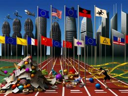 Symbolische Rennstrecke: EU durch Bürokratie gebremst, USA und China bei technologischem Wettlauf voraus, im Hintergrund moderne Skylines