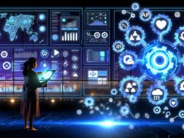 Futuristisches Büro mit digitalen Dashboards, Social Media APIs und einem Strategen, der einen datengetriebenen Wachstumsplan auf einem Tablet überprüft.