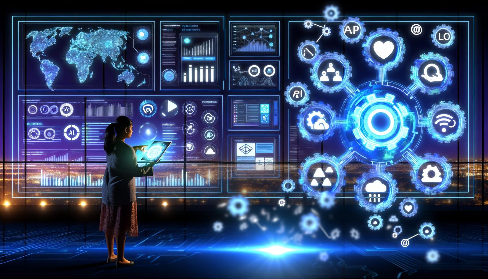 Futuristisches Büro mit digitalen Dashboards, Social Media APIs und einem Strategen, der einen datengetriebenen Wachstumsplan auf einem Tablet überprüft.