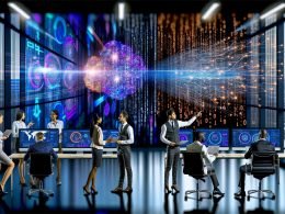 Team aus verschiedenen Marketingexperten arbeitet an digitalen Dashboards mit Datenmustern und neuronalen Netzwerken in einem industriellen, modernen Büro.