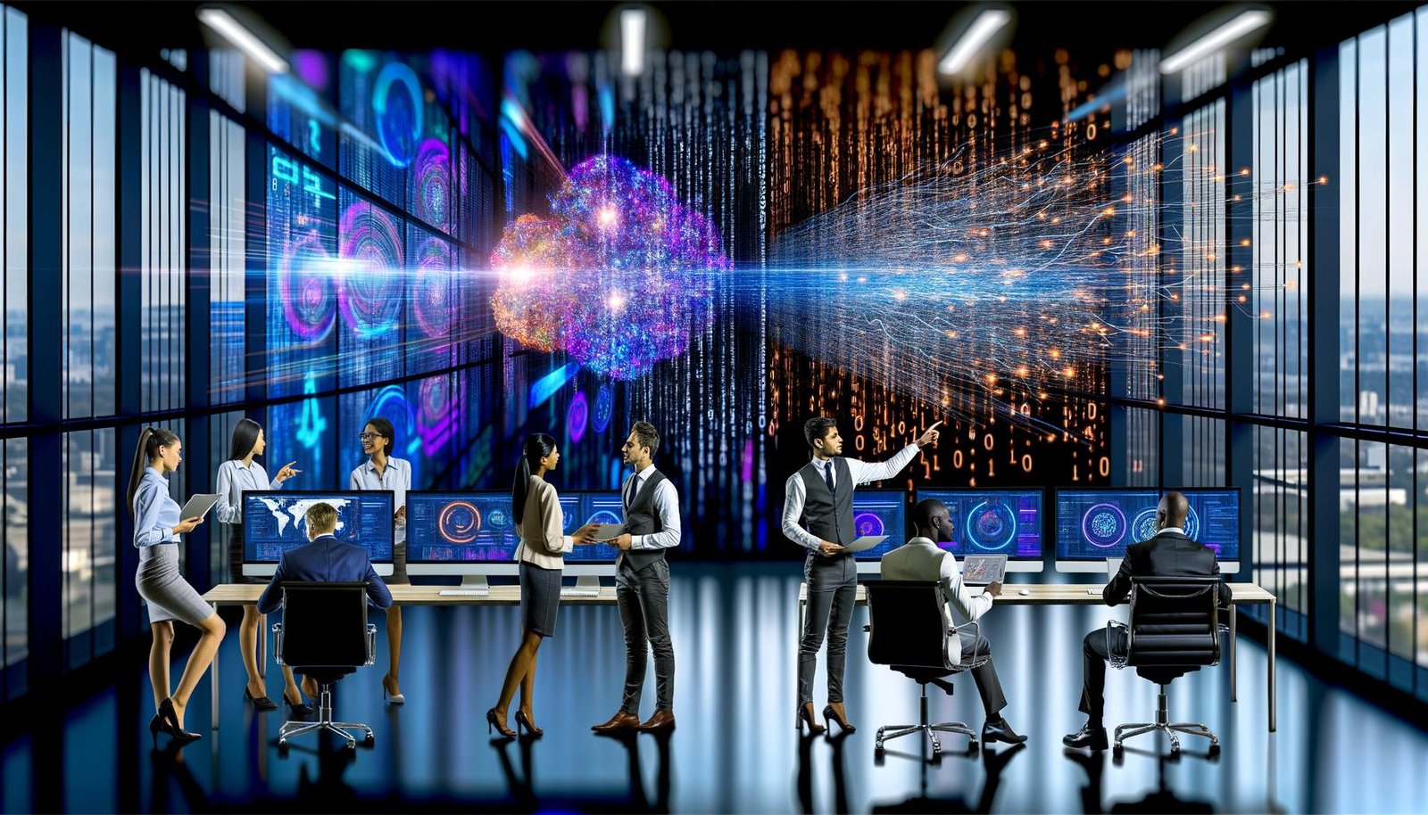 Team aus verschiedenen Marketingexperten arbeitet an digitalen Dashboards mit Datenmustern und neuronalen Netzwerken in einem industriellen, modernen Büro.