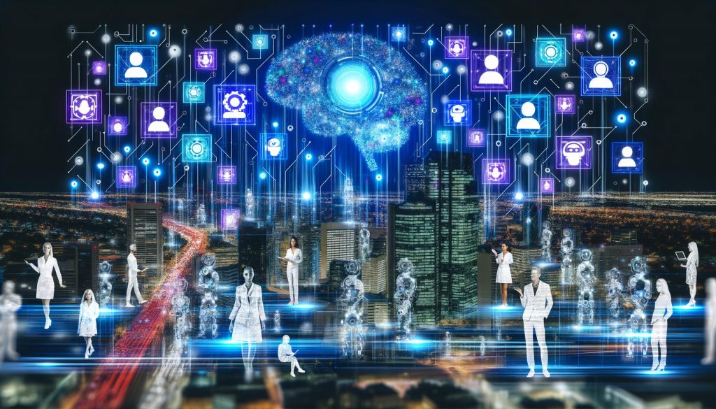 Stilisierte futuristische Nacht-Skyline mit holografischen Datenströmen, arbeitenden Menschen und KI-Symbolen vor digital überlagertem Stadtbild.