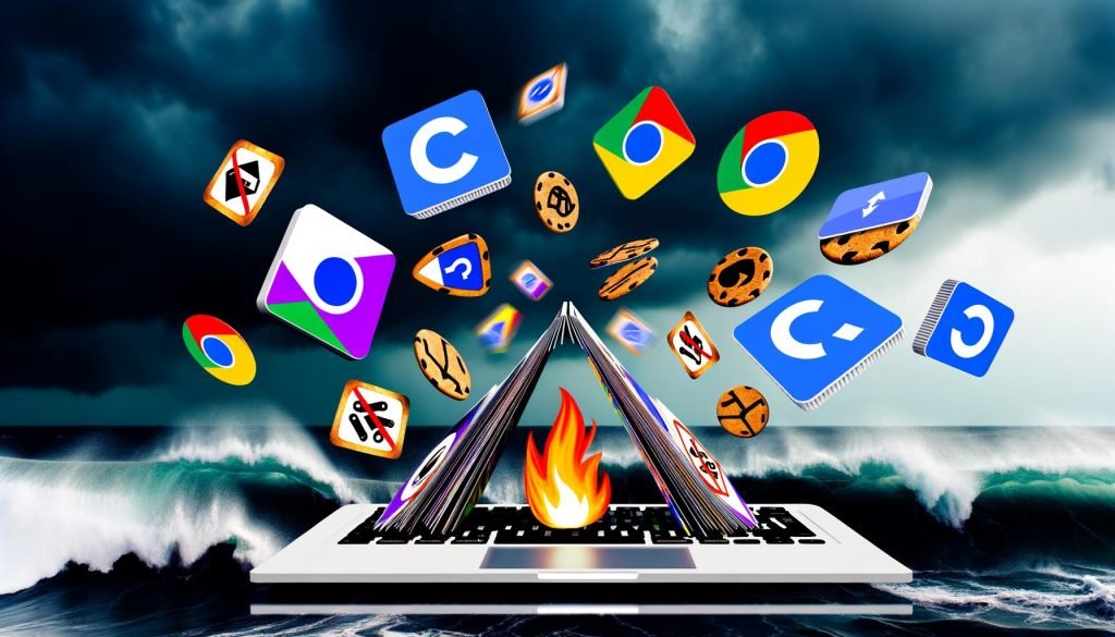 Ein windiges Kartenhaus droht auf einer Laptop-Tastatur einzustürzen, während Cookie-Hinweise, Browser-Logos und Fehlerzeichen in chaotischer Atmosphäre umherschwirren.