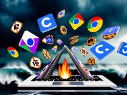 Ein windiges Kartenhaus droht auf einer Laptop-Tastatur einzustürzen, während Cookie-Hinweise, Browser-Logos und Fehlerzeichen in chaotischer Atmosphäre umherschwirren.