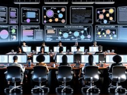 Futuristisches Büro mit Content-Managern, modernen Laptops und digitalen Benutzeroberflächen für strukturiertes Content Management, im Kontrast zu einem chaotischen Papier- und HTML-Meer hinter Glas.