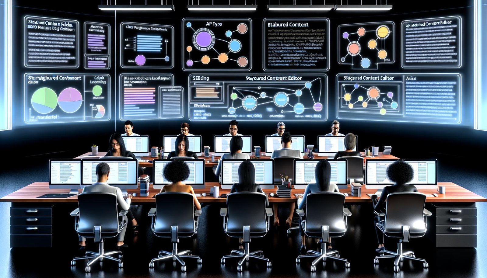 Futuristisches Büro mit Content-Managern, modernen Laptops und digitalen Benutzeroberflächen für strukturiertes Content Management, im Kontrast zu einem chaotischen Papier- und HTML-Meer hinter Glas.