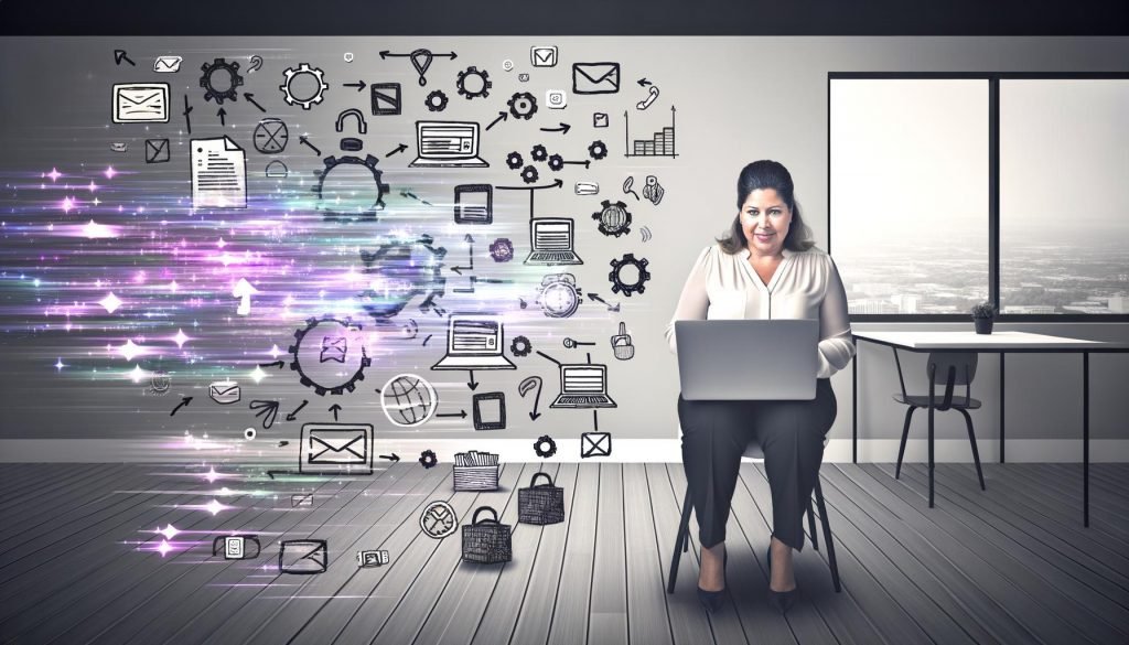 Junge Online-Marketing-Expertin mit Laptop sitzt in modernem Büro vor Whiteboard mit Skizzen zu Workflows, App-Icons und bunten Symbolen für Datenflüsse und Automatisierung.