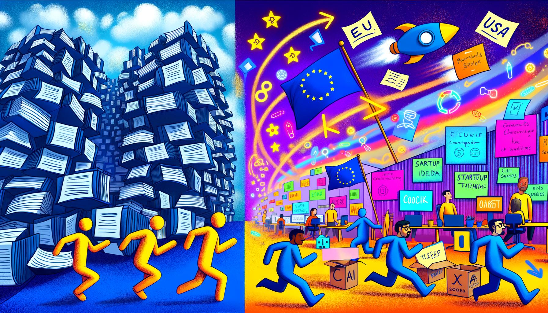 Split-Screen-Illustration mit einem bürokratischen europäischen Büro, einem dynamischen amerikanischen Co-Working-Space, einem Rennen zwischen EU, USA und China sowie einem Gründerteam im Spagat zwischen Ideen und Compliance.