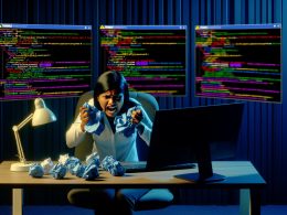 SEO-Experte sitzt nachts angespannt vor Monitoren mit zahlreichem Quellcode, Warnsymbole und Validierungsfehler, während er im Vordergrund frustriert einen Fehlerbericht zerknüllt.