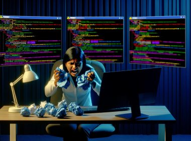 SEO-Experte sitzt nachts angespannt vor Monitoren mit zahlreichem Quellcode, Warnsymbole und Validierungsfehler, während er im Vordergrund frustriert einen Fehlerbericht zerknüllt.