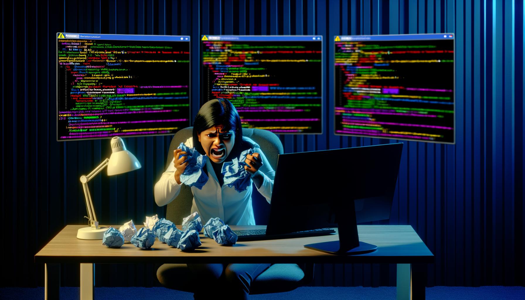 SEO-Experte sitzt nachts angespannt vor Monitoren mit zahlreichem Quellcode, Warnsymbole und Validierungsfehler, während er im Vordergrund frustriert einen Fehlerbericht zerknüllt.