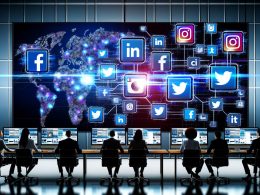 Marketing-Team arbeitet an großen Bildschirmen vor einer Wand mit Social-Media-Symbolen, verbunden durch digitale API-Ströme und Datenvisualisierungen.