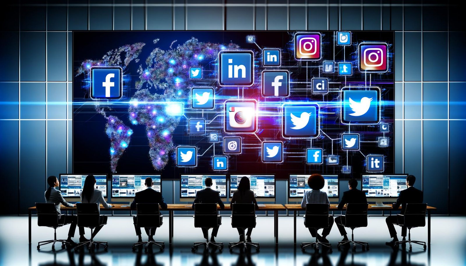 Marketing-Team arbeitet an großen Bildschirmen vor einer Wand mit Social-Media-Symbolen, verbunden durch digitale API-Ströme und Datenvisualisierungen.