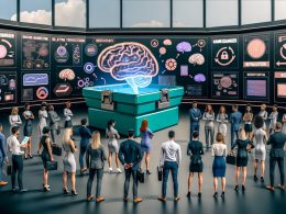 Futuristischer Online-Marketing War Room mit schwebendem KI-Werkzeugkasten, umgeben von Marketern in Business-Kleidung, die kritisch moderne Tools begutachten. Monitore zeigen Buzzwords, daneben technische Fakten und Skizzen.