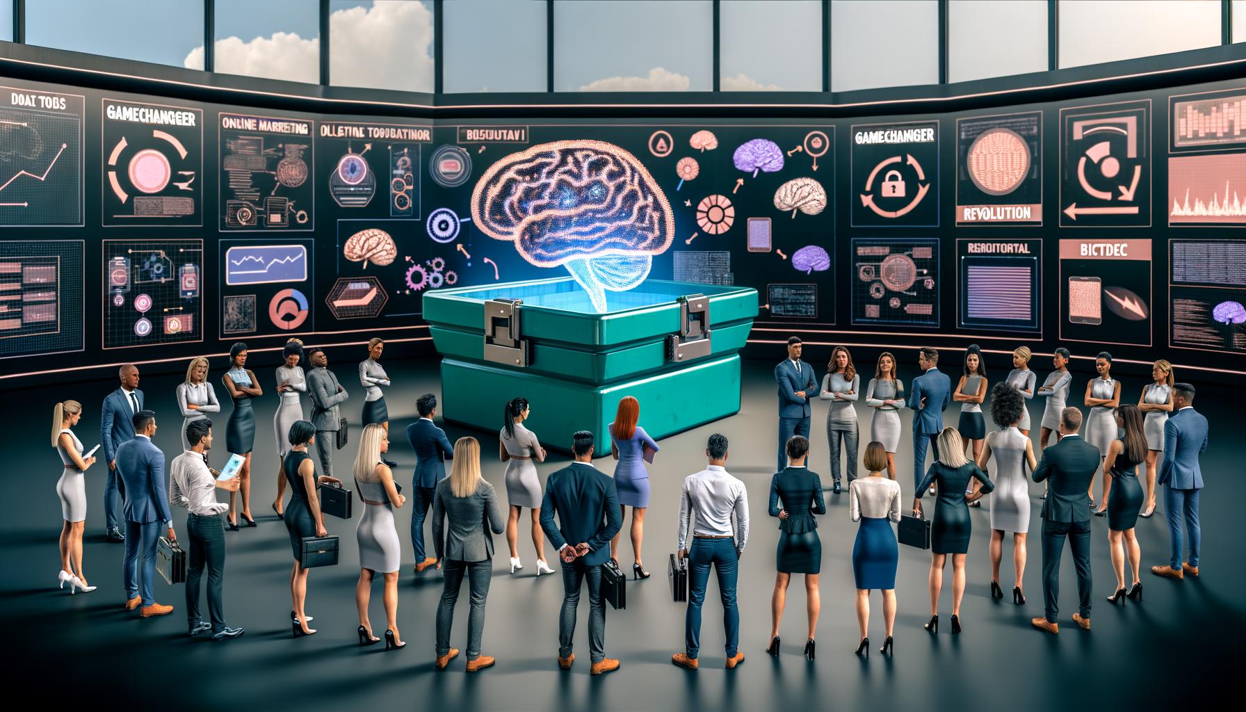 Futuristischer Online-Marketing War Room mit schwebendem KI-Werkzeugkasten, umgeben von Marketern in Business-Kleidung, die kritisch moderne Tools begutachten. Monitore zeigen Buzzwords, daneben technische Fakten und Skizzen.