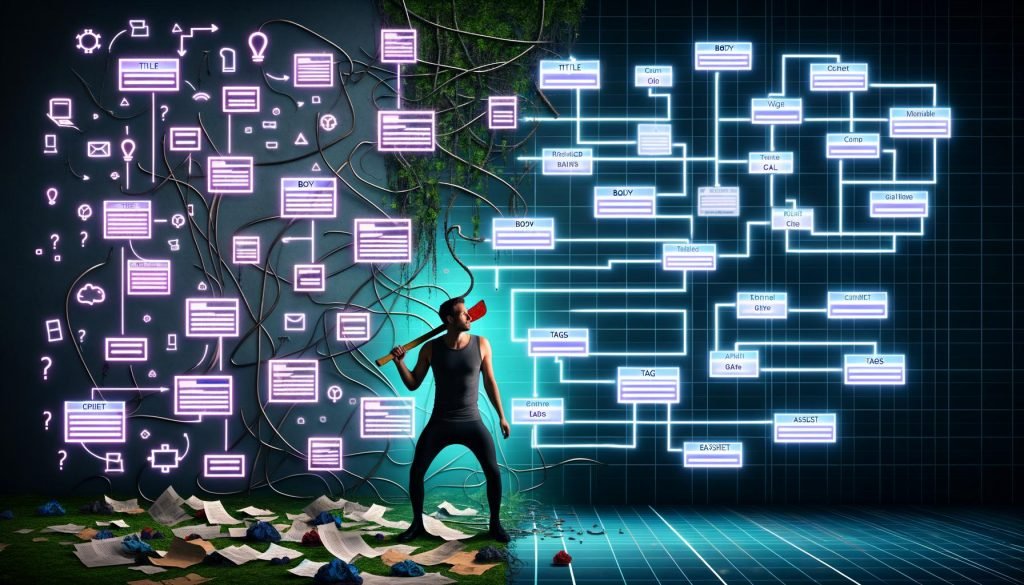 Illustrationen zur strukturierten Content-Architektur: von unordentlichen Texten und Daten über modulare Blöcke bis hin zu einer futuristischen Content-Steuerzentrale, übersichtlichen Diagrammen und einer florierenden, gut organisierten digitalen Stadt.