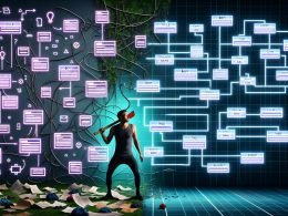 Illustrationen zur strukturierten Content-Architektur: von unordentlichen Texten und Daten über modulare Blöcke bis hin zu einer futuristischen Content-Steuerzentrale, übersichtlichen Diagrammen und einer florierenden, gut organisierten digitalen Stadt.