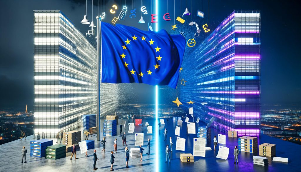 Futuristische Stadt mit großer EU-Flagge, Hightech-Symbolen, Start-up-Gründern auf Drahtseil und einer Wand aus Akten, die den Kontrast zwischen Innovation und Bürokratie in Europa zeigt.