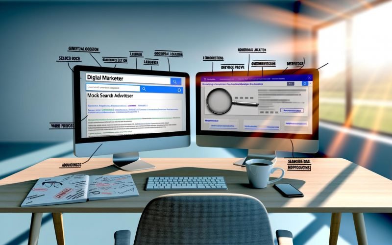 Digitaler Marketer sitzt am Schreibtisch mit zwei Monitoren, auf denen das Google Ads Vorschau-Tool und Suchergebnisse sichtbar sind, umgeben von Kaffeetasse, Notizen und Smartphone bei Tageslicht.