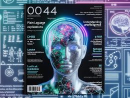 Cover einer modernen Zeitschrift mit realistischer menschlicher Gesichtshälfte, die mit abstrakten Neon-Schaltkreisen, mathematischen Formeln und Codes verschmilzt, ergänzt durch Marketing- und Daten-Icons sowie Roboterumrisse.