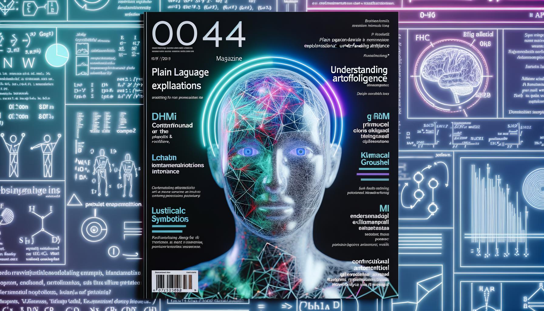Cover einer modernen Zeitschrift mit realistischer menschlicher Gesichtshälfte, die mit abstrakten Neon-Schaltkreisen, mathematischen Formeln und Codes verschmilzt, ergänzt durch Marketing- und Daten-Icons sowie Roboterumrisse.