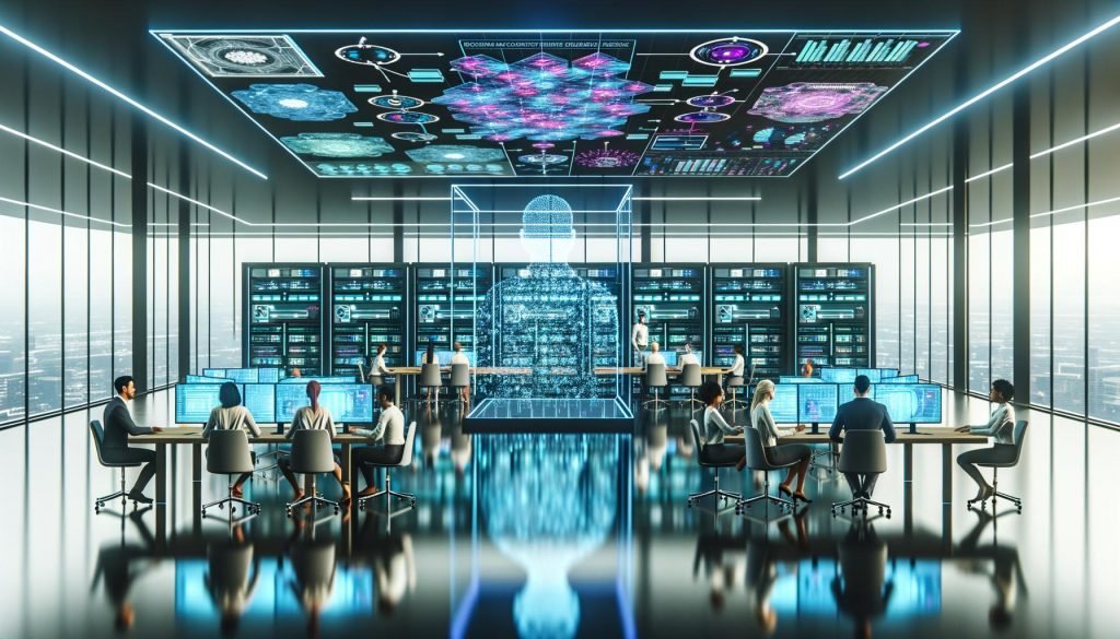 Futuristisches Büro 2025 mit transparenten Echtzeit-Datenbildschirmen, kollaborierendem Team von Datenwissenschaftlern und holografischen Visualisierungen moderner Datenmodelle