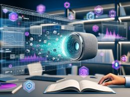 Dynamische futuristische Illustration eines modernen Arbeitsplatzes mit Notion-Interface und holografischem 3D-Tech-Produkt, umgeben von Datenströmen und Technologie-Icons.