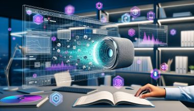 Dynamische futuristische Illustration eines modernen Arbeitsplatzes mit Notion-Interface und holografischem 3D-Tech-Produkt, umgeben von Datenströmen und Technologie-Icons.