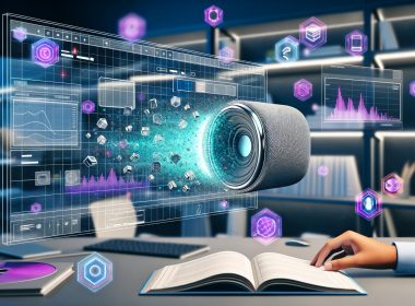 Dynamische futuristische Illustration eines modernen Arbeitsplatzes mit Notion-Interface und holografischem 3D-Tech-Produkt, umgeben von Datenströmen und Technologie-Icons.