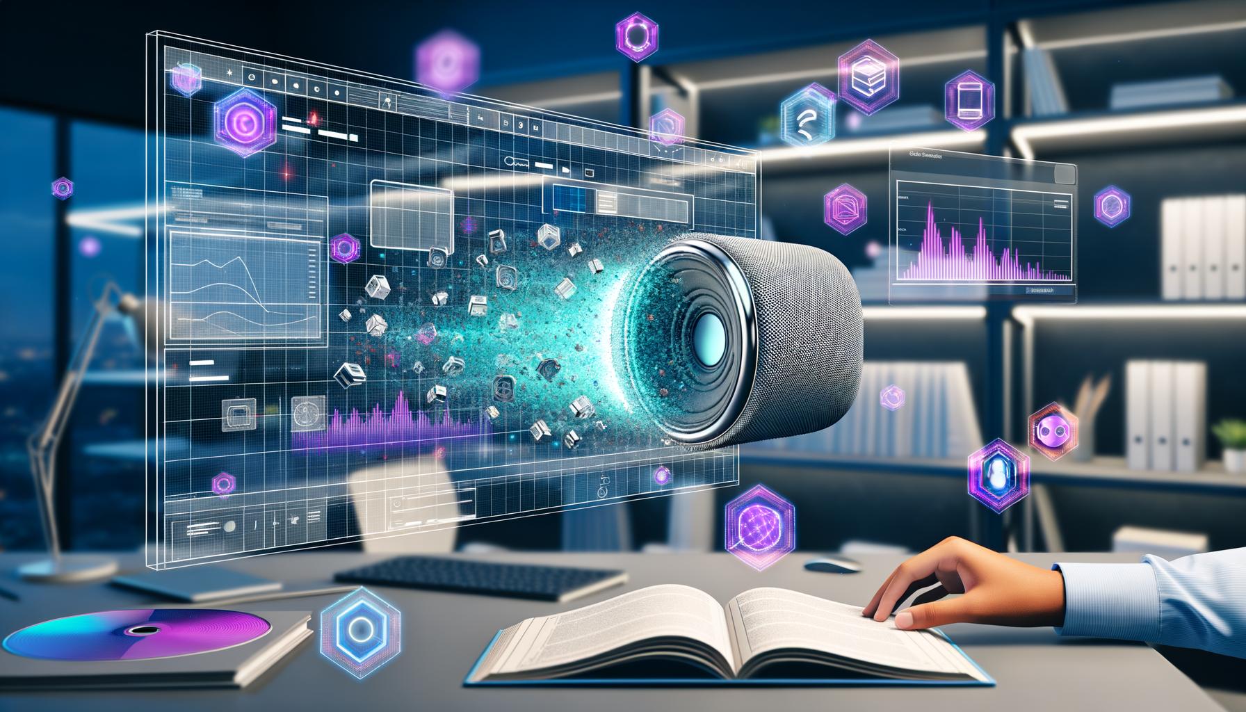 Dynamische futuristische Illustration eines modernen Arbeitsplatzes mit Notion-Interface und holografischem 3D-Tech-Produkt, umgeben von Datenströmen und Technologie-Icons.