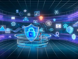 Vollflächige Illustration einer Marketerin am Schreibtisch mit Proxy-Schild, Analyse-Tools, Consent-Bannern und Datenschutzsymbolen in einer digitalen Umgebung