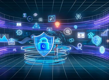 Vollflächige Illustration einer Marketerin am Schreibtisch mit Proxy-Schild, Analyse-Tools, Consent-Bannern und Datenschutzsymbolen in einer digitalen Umgebung