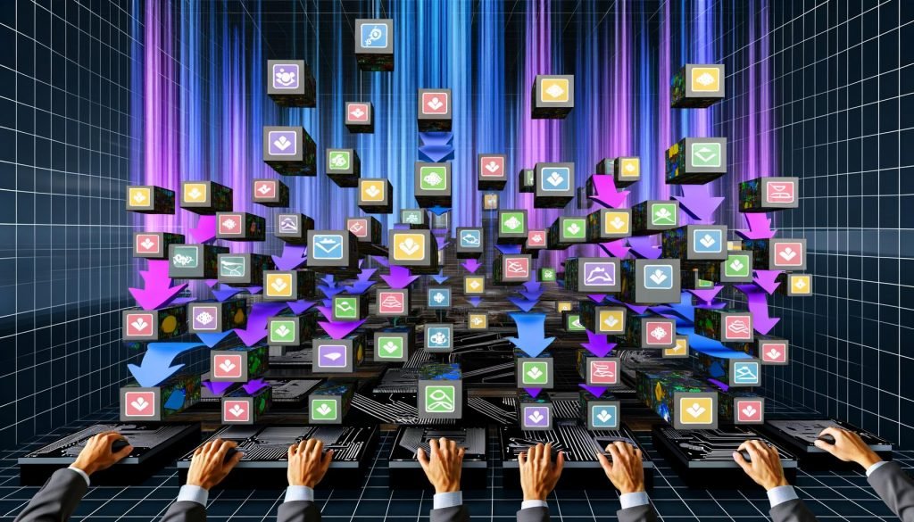 Hände bedienen digitale Dashboards und verknüpfen SaaS, CRM, E-Mail, Analytics, Slack, Google Sheets mit einem übereinander geschichteten Zapier Workflow Stack, futuristische Steuerzentrale im Hintergrund