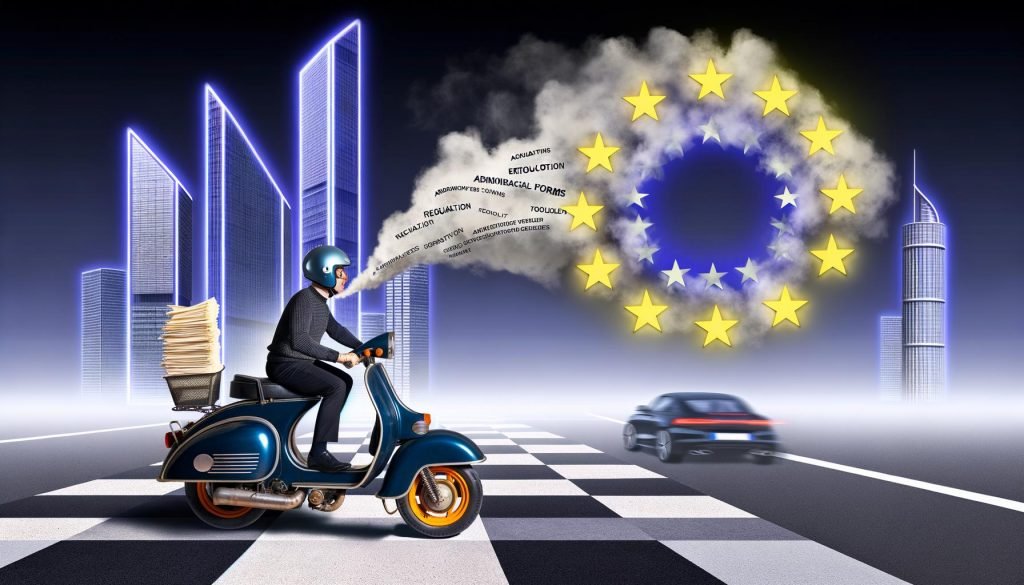 Illustration eines alten Mopeds mit EU-Flagge, das von schnellen Hightech-Autos aus den USA und China auf einer digitalen Rennstrecke überholt wird, aus dessen Auspuff Papierkram und Checklisten kommen.