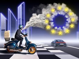 Illustration eines alten Mopeds mit EU-Flagge, das von schnellen Hightech-Autos aus den USA und China auf einer digitalen Rennstrecke überholt wird, aus dessen Auspuff Papierkram und Checklisten kommen.