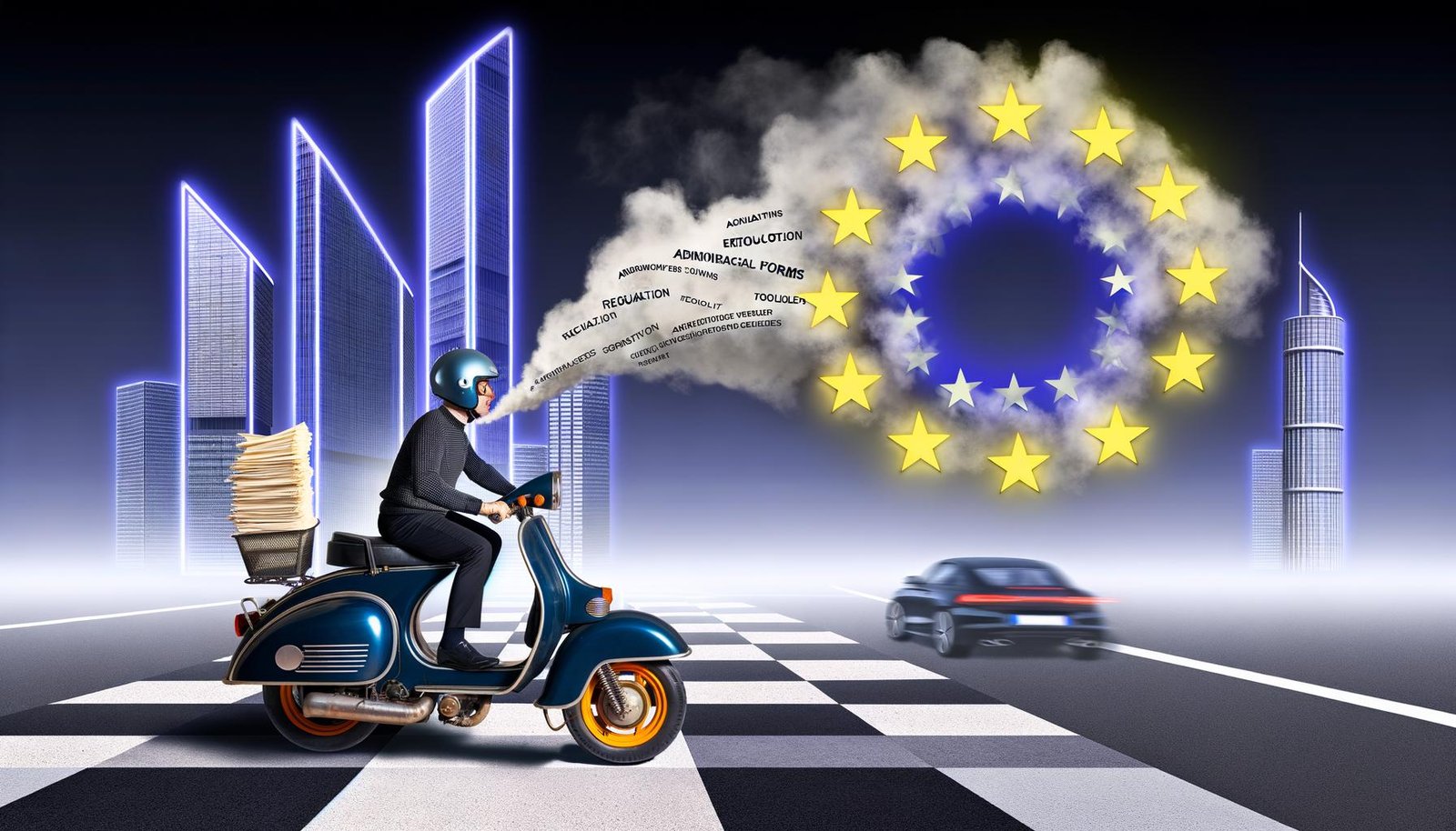 Illustration eines alten Mopeds mit EU-Flagge, das von schnellen Hightech-Autos aus den USA und China auf einer digitalen Rennstrecke überholt wird, aus dessen Auspuff Papierkram und Checklisten kommen.
