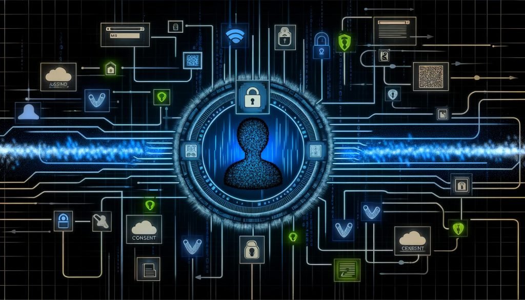 Stilisierte Grafik eines Benutzers mit leuchtender User ID, umgeben von cyberartigen Datenströmen, Servern, Cloud-Icons und Datenschutzsymbolen wie Vorhängeschlössern und Sicherheitsschildern auf dunklem, technisch-modernem Grund.