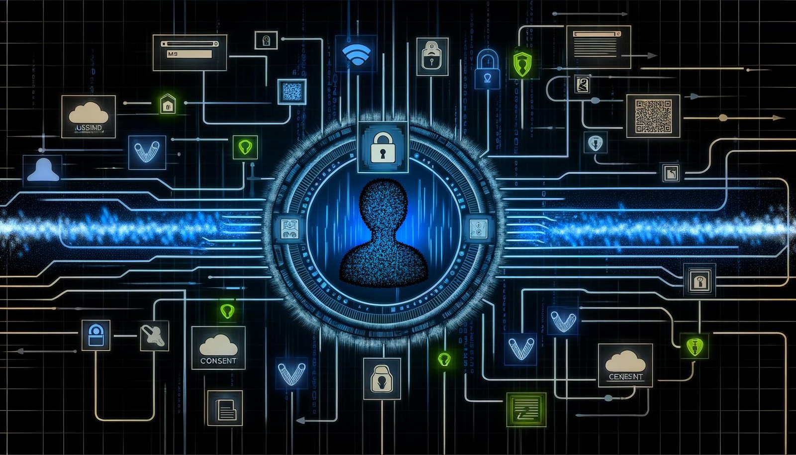 Stilisierte Grafik eines Benutzers mit leuchtender User ID, umgeben von cyberartigen Datenströmen, Servern, Cloud-Icons und Datenschutzsymbolen wie Vorhängeschlössern und Sicherheitsschildern auf dunklem, technisch-modernem Grund.