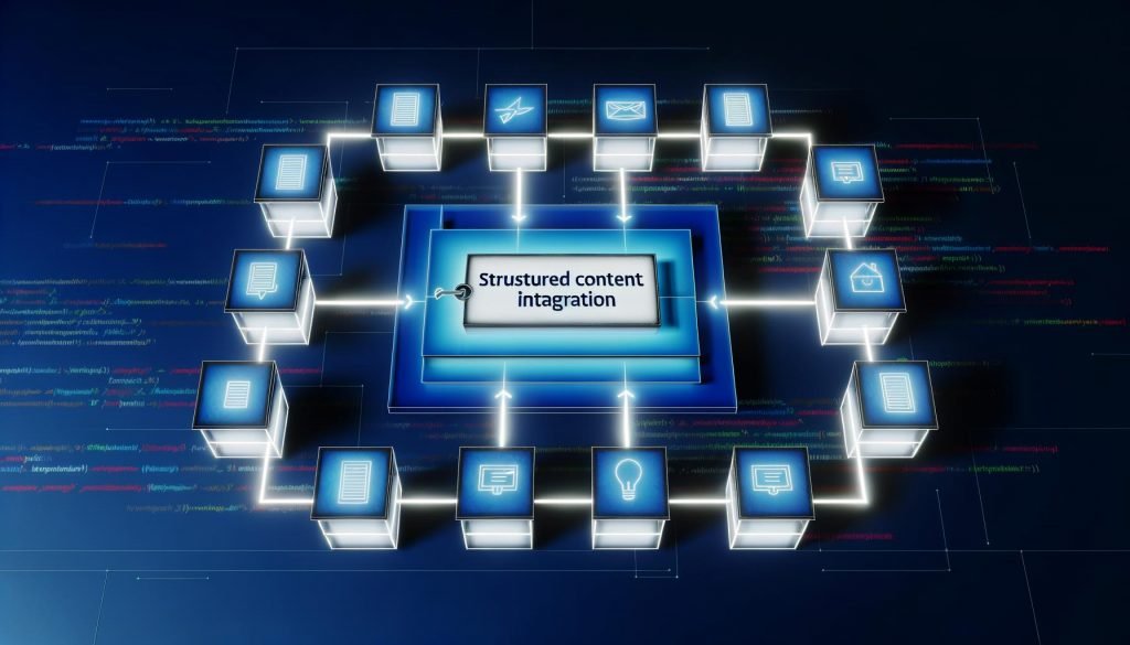 Digitale Grafik mit verbundenen Content-Blöcken für Artikel, Videos und Daten, umgeben von HTML- und SEO-Elementen. Im Mittelpunkt steht der Schriftzug ‚Structured Content Integration‘, alles in moderner Neon-Farbpalette.