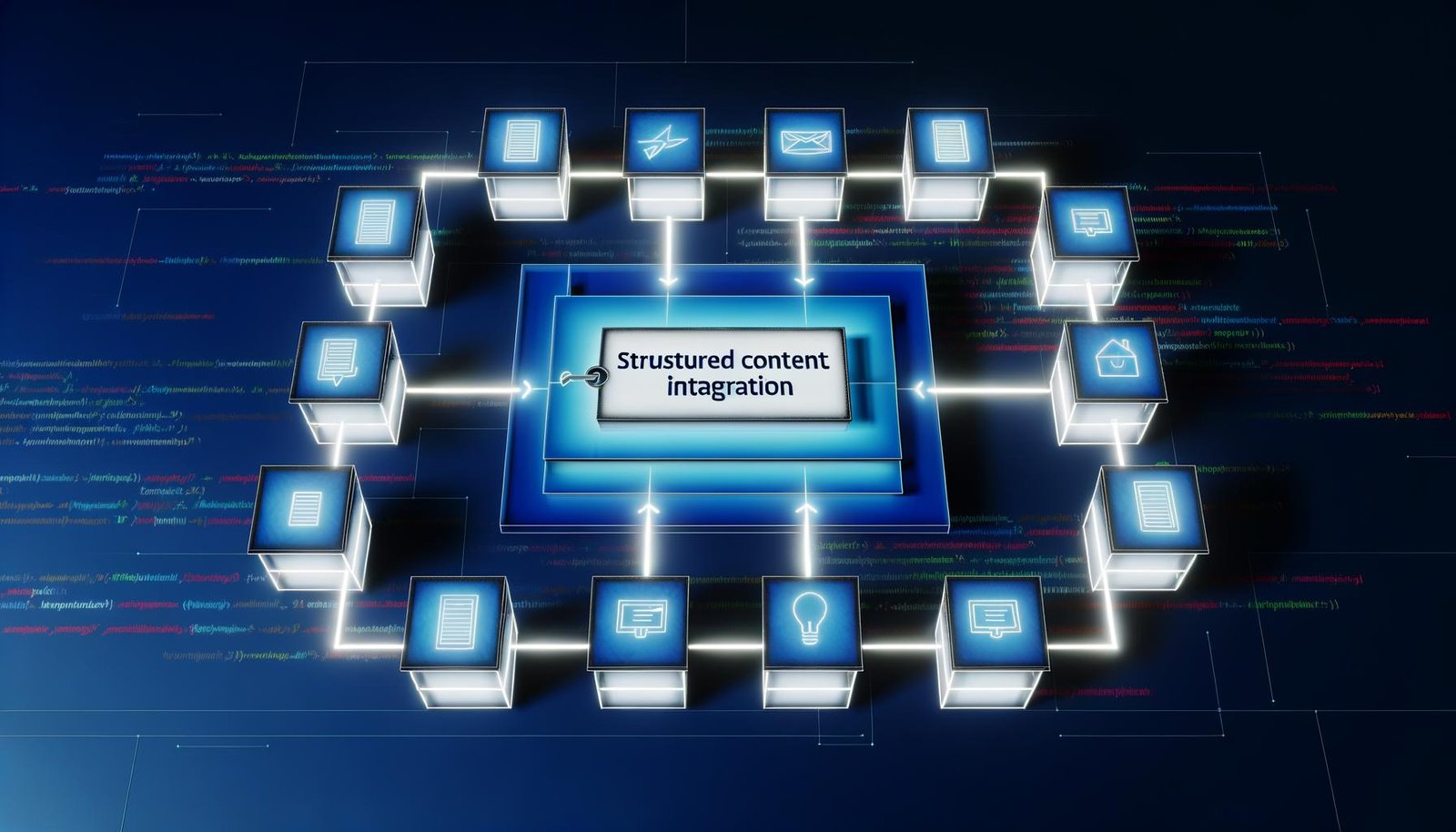 Digitale Grafik mit verbundenen Content-Blöcken für Artikel, Videos und Daten, umgeben von HTML- und SEO-Elementen. Im Mittelpunkt steht der Schriftzug ‚Structured Content Integration‘, alles in moderner Neon-Farbpalette.