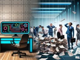 Moderner Arbeitsplatz mit großen Screens, die Datenpipelines und Machine-Learning-Grafiken zeigen, während im Hintergrund gestresste Business-Leute an Papierstapeln und Excel-Tabellen arbeiten.