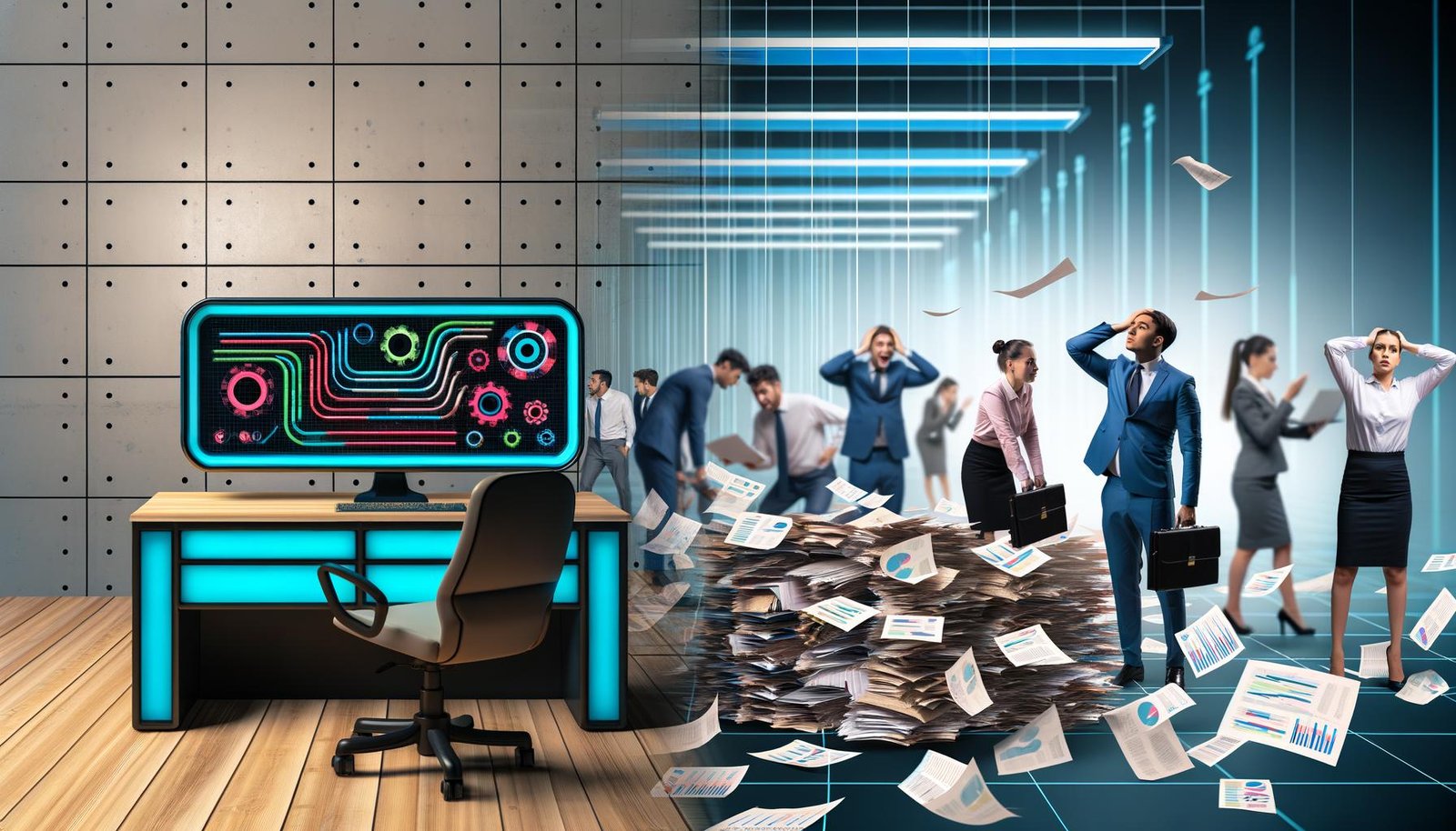 Moderner Arbeitsplatz mit großen Screens, die Datenpipelines und Machine-Learning-Grafiken zeigen, während im Hintergrund gestresste Business-Leute an Papierstapeln und Excel-Tabellen arbeiten.