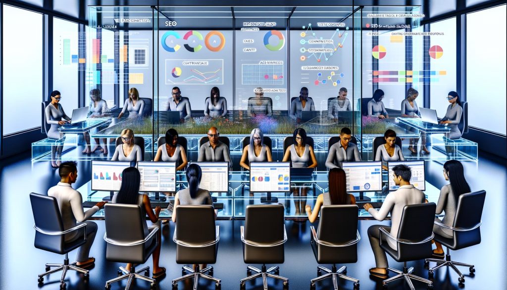Team aus diversen Marketing- und Datenexpert:innen arbeitet im modernen Labor an SEO-Analyse mit digitalen Dashboards, Diagrammen und Glasboards, während veraltete SEO-Notizen verblasst im Hintergrund liegen.