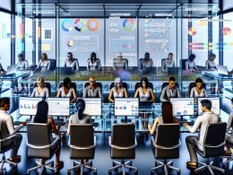 Team aus diversen Marketing- und Datenexpert:innen arbeitet im modernen Labor an SEO-Analyse mit digitalen Dashboards, Diagrammen und Glasboards, während veraltete SEO-Notizen verblasst im Hintergrund liegen.