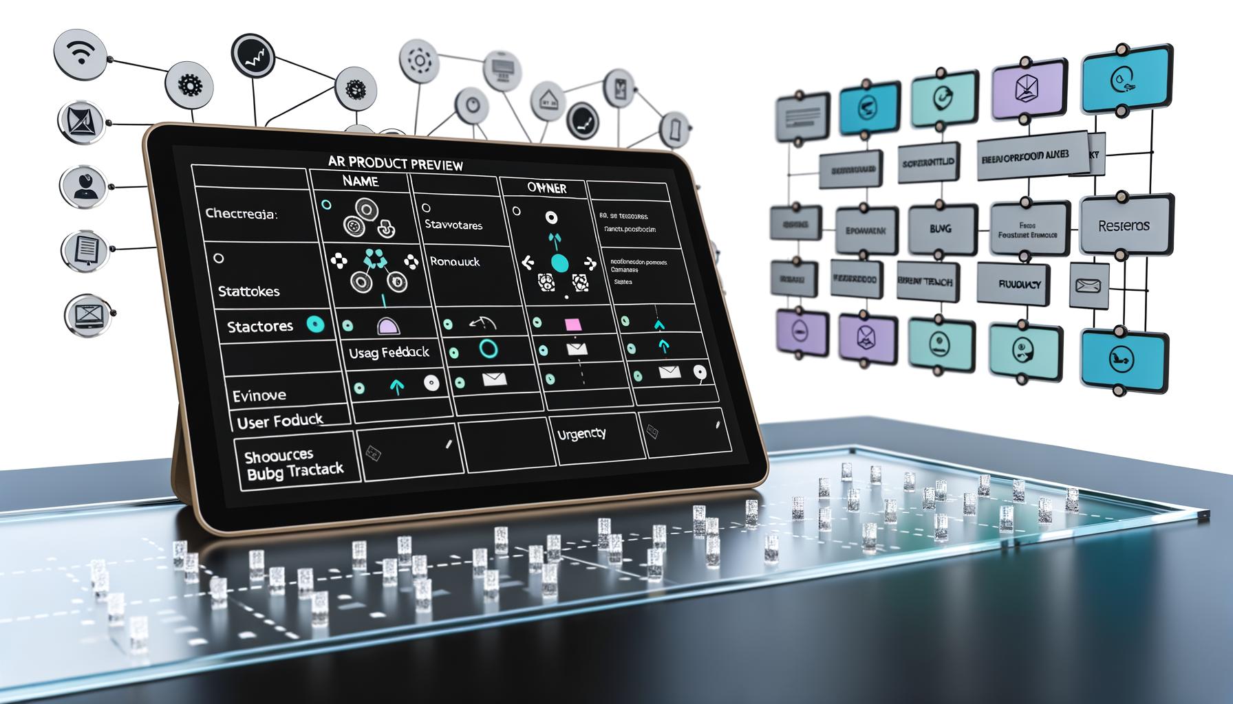 Modernes Notion-Dashboard mit AR Produktvorschau auf Tablet, farbcodierten Tabellen, Feedbackkarten und schwebenden AR-Elementen in einem professionellen Workspace.