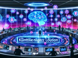 Futuristischer Kontrollraum mit vielfältigen Geschäftsleuten und Digitalmarketer, umgeben von leuchtenden KI-Netzwerken, holografischen Dashboards und einem zentralen KI-Gehirn-Motiv mit Technologie-Icons.