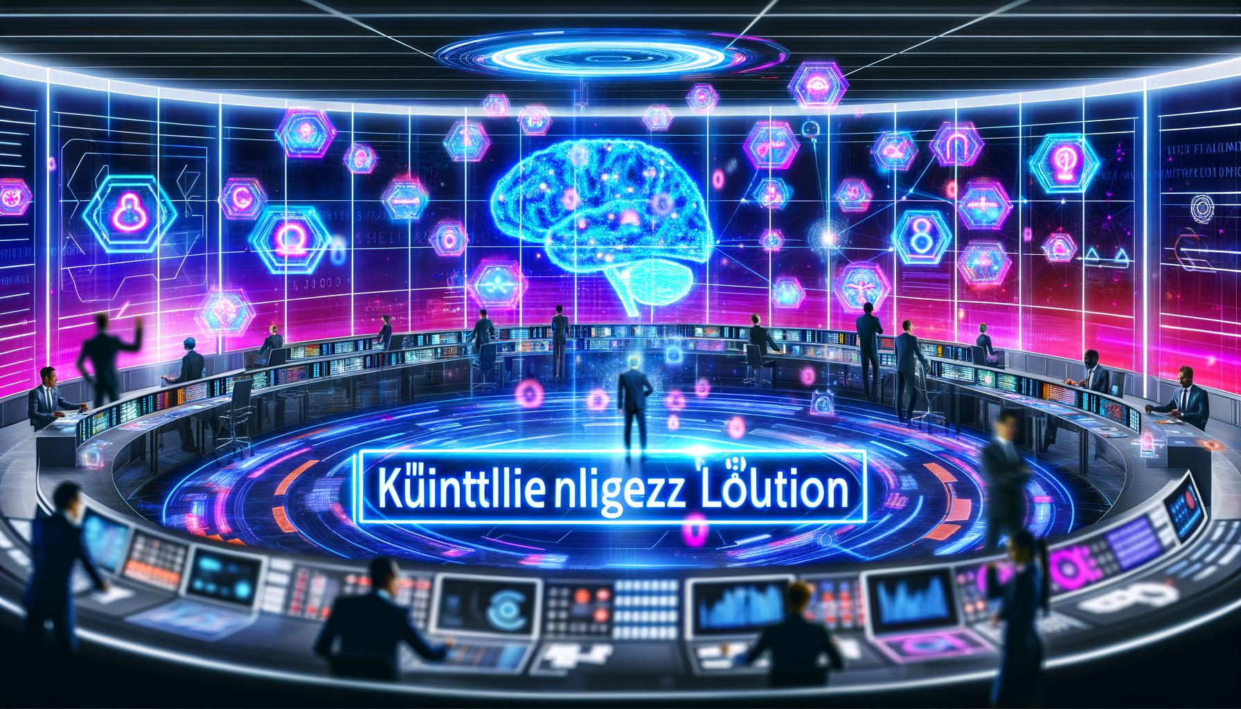 Futuristischer Kontrollraum mit vielfältigen Geschäftsleuten und Digitalmarketer, umgeben von leuchtenden KI-Netzwerken, holografischen Dashboards und einem zentralen KI-Gehirn-Motiv mit Technologie-Icons.