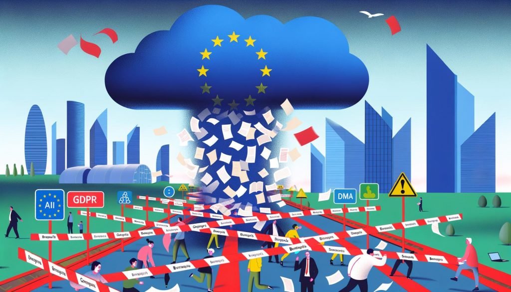 Illustration einer EU-Bürokratiewolke mit herabfallenden Papieren und europäischen Startups, die durch Bürokratie gebremst werden, während Kalifornien und Shanghai vorbeiziehen.