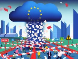 Illustration einer EU-Bürokratiewolke mit herabfallenden Papieren und europäischen Startups, die durch Bürokratie gebremst werden, während Kalifornien und Shanghai vorbeiziehen.