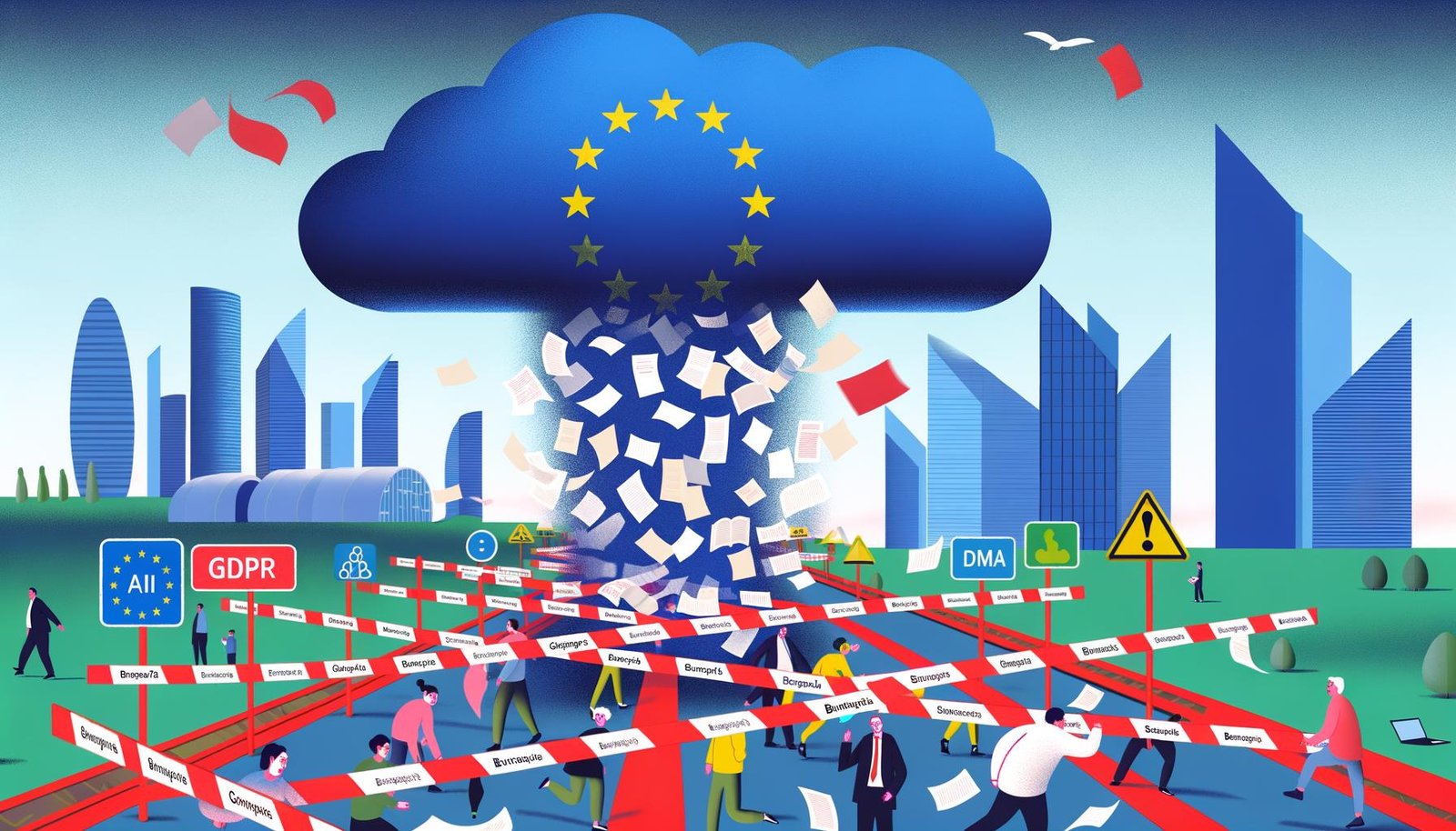 Illustration einer EU-Bürokratiewolke mit herabfallenden Papieren und europäischen Startups, die durch Bürokratie gebremst werden, während Kalifornien und Shanghai vorbeiziehen.